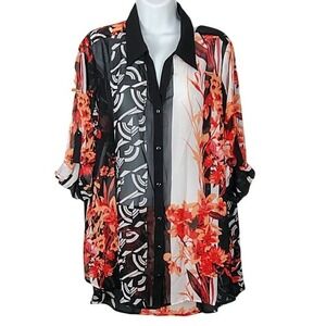 Avenue 14/16 Sheer Floral Geometric High Low Roll Tab Sleeve Tunic Top boho